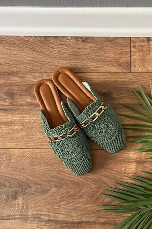 Tamara  Mint Yeşili Gold Zincir Kemerli Hasır İşlemeli  Terlik