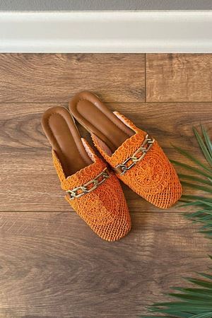 Tamara  Turuncu Gold Zincir Kemerli Hasır İşlemeli  Terlik 