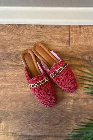 Tamara  Fuşya Gold Zincir Kemerli Hasır İşlemeli  Terlik  