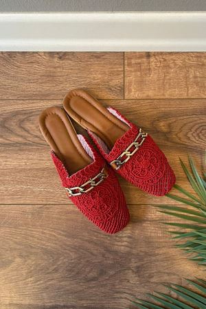 Tamara  Kırmızı Gold Zincir Kemerli Hasır İşlemeli  Terlik   