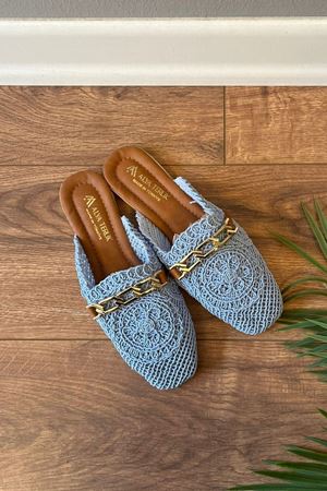 Tamara  Bebe Mavisi Gold Zincir Kemerli Hasır İşlemeli  Terlik    