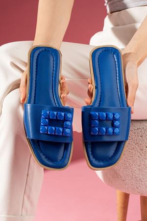 Daglıs Sax Mavisi Dikdörtgen Plastik Tokalı Tek Bantlı Terlik 