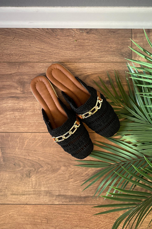 Preyy Siyah Zincir Tokalı  Hasır  Terlik