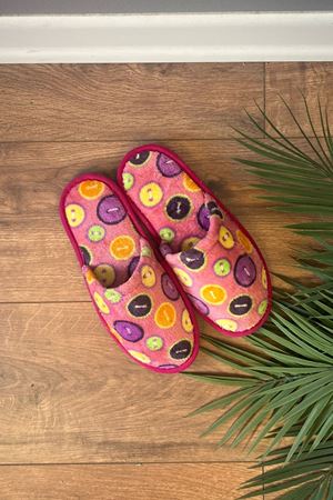 Alice Pembe Lila Düğme Desenli Önü Kapalı Ev Terliği 