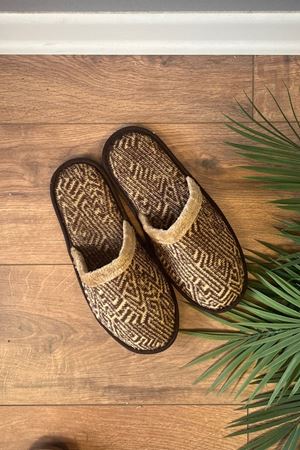 Florida Bej Erkek Full Zikzak Çizgi Desenli Ev Terliğli 