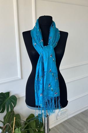 Shawl Mavi Çiçek Nakışlı İnce Atkı & Şal  