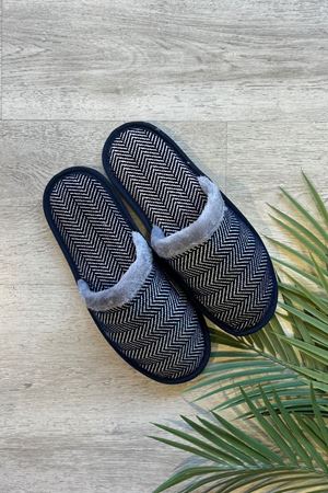 Florida Lacivert Zikzak Desenli Gri Yakalı Erkek Ev Terliği 