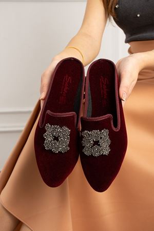  Lukas Bordo Kare Boncuk  Taş İşlemeli Önü Kapalı Elegant Ev Terliği