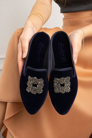 Lukas Lacivert Kare Boncuk Taş İşlemeli Önü Kapalı Elegant Ev Terliği