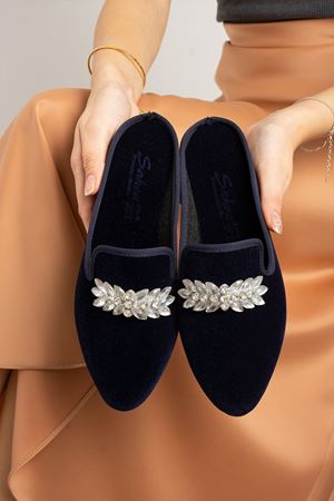 Luiz Lacivert Yaprak Taş İşlemeli  Önü Kapalı Elegant Ev Terliği 