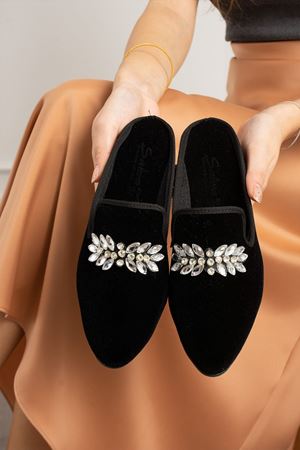 Luiz Siyah Yaprak Taş   İşlemeli  Önü Kapalı Elegant  Ev Terliği 