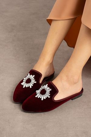 Babel Bordo Kristal Yuvarlak Taş İşlemeli Önü Kapalı Elegant Ev Terliği  