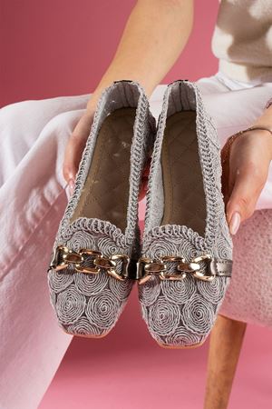 Marsa Gri Daire Nakışlı İnci Kemerli Babet 