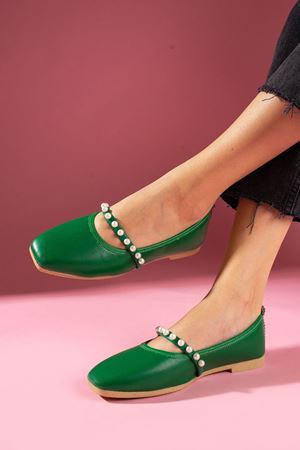 Perly Yeşil Cilt İnci Bant Aksesuarlı Babet