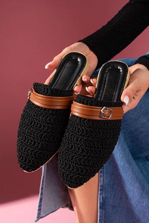 Lumera Siyah Zırh Örme Triko Taba Kemer Detaylı Terlik