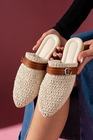 Lumera Bej Zırh Örme Triko Taba Kemer Detaylı Terlik