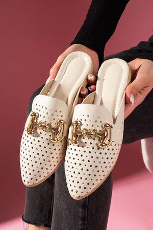 Pavina Bej Lazer Kesim Cilt Deri Gold Aksesuarlı Terlik