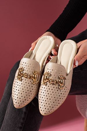 Pavina Vizon Lazer Kesim Cilt Deri Gold Aksesuarlı Terlik