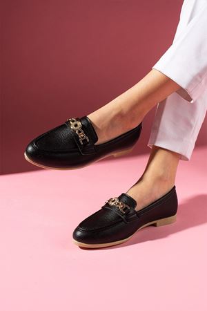 Meralis Siyah Yuvarlak Obje Detay Aksesuarlar Günlük Ayakkabı Loafer Babet