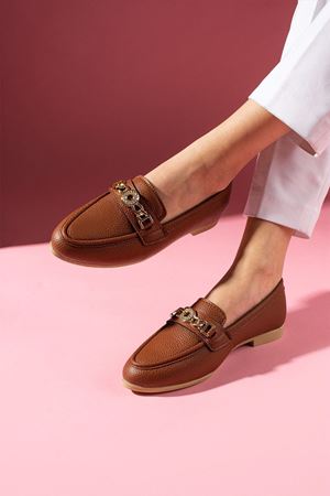 Meralis Taba Yuvarlak Obje Detay Aksesuarlar Günlük Ayakkabı Loafer Babet