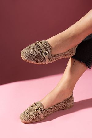 Celino Vizon Taşlı Tokalı Oval Saraç Nakışlı Triko Babet