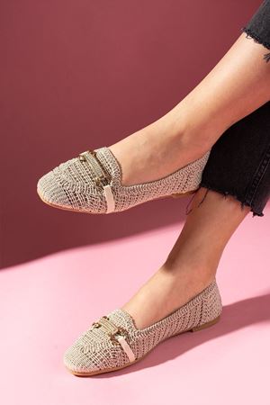 Celino Bej Taşlı Tokalı Oval Saraç Nakışlı Triko Babet