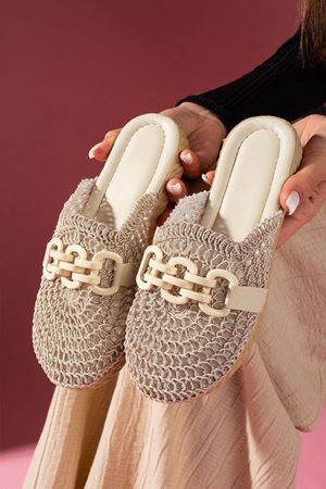 Rosetta Bej Renkli Tokalı Dairesel Hasır İşlemeli Önü Kapalı Terlik 