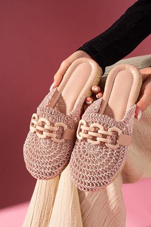 Rosetta Pudra Renkli Tokalı Dairesel Hasır İşlemeli Önü Kapalı Terlik 