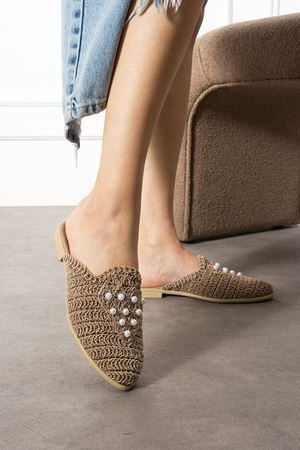 Trinc Vizon Üçgen Dizili İnci Detaylı Örgü Triko Terlik