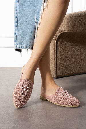 Trinc Pudra Üçgen Dizili İnci Detaylı Örgü Triko Terlik