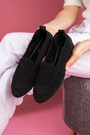 Moty Siyah Saraçlı Örgü Triko Babet