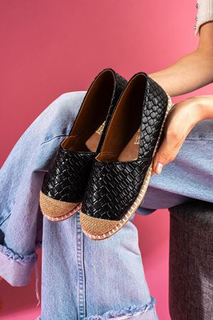 Espino Siyah Hasır Baskılı Cilt Hasır Sarma Thermo Tabanlı Espadril Babet