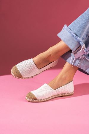 Espino Beyaz Hasır Baskılı Cilt Hasır Sarma Thermo Tabanlı Espadril Babet