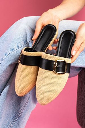 Pedry Siyah Gold Tokalı Hasır Dokulu Önü Kapalı Terlik 