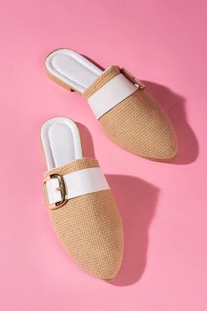 Pedry Beyaz Gold Tokalı Hasır Dokulu Önü Kapalı Terlik