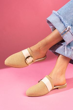 Pedry Bej Gold Tokalı Hasır Dokulu Önü Kapalı Terlik