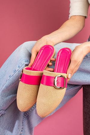 Pedry Fuşya Gold Tokalı Hasır Dokulu Önü Kapalı Terlik