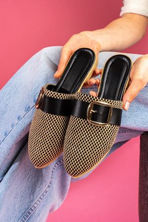 Pedry Damalı Siyah Gold Tokalı Hasır Dokulu Önü Kapalı Terlik