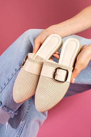 Pedry Damalı Bej Gold Tokalı Hasır Dokulu Önü Kapalı Terlik