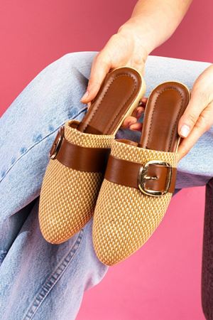 Pedry Damalı Taba Gold Tokalı Hasır Dokulu Önü Kapalı Terlik