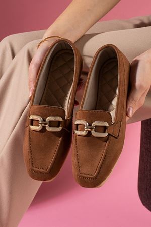 Marlin Taba Süet Saraçlı Gold Aksesuarlı Loafer Ayakkabı Babet 