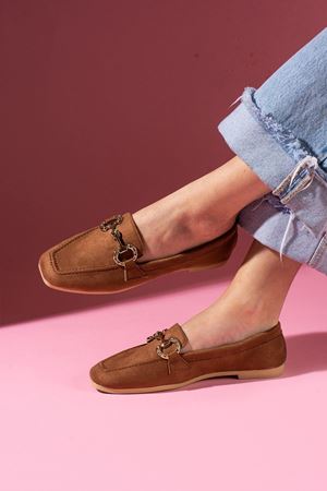 Kendy Taba Süet Saraçlı Gold Aksesuarlı Loafer Ayakkabı Babet  