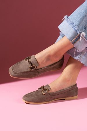 Kendy Vizon Süet Saraçlı Gold Aksesuarlı Loafer Ayakkabı Babet