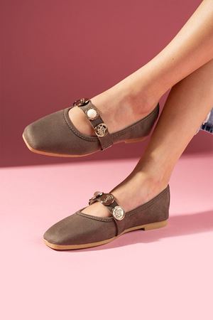 Stamp Vizon Süet İnci ve Mühür Aksesuar Bantlı Babet