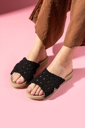 Conti Siyah Çapraz Bantlı Triko Örgü Terlik  