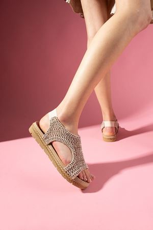 Suntri Bej Arkadan Lastikli Triko Örgü Sandalet 