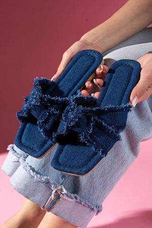 Casia Lacivert Kot Kumaş Düğüm Detaylı Terlik