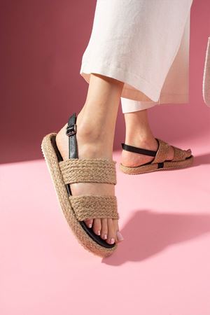 Sandy Siyah Hasır Bantlı Yüksek Hasır Sarma Taban Premium Sandalet 