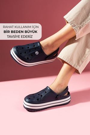 Eflora Lacivert Delikli Çizgi Kabartmalı Poliüretan Önü Kapalı Islak Zemin Terlik ve Sandalet