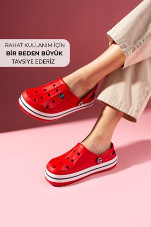 Eflora Kırmızı Delikli Çizgi Kabartmalı Poliüretan Önü Kapalı Islak Zemin Terlik ve Sandalet